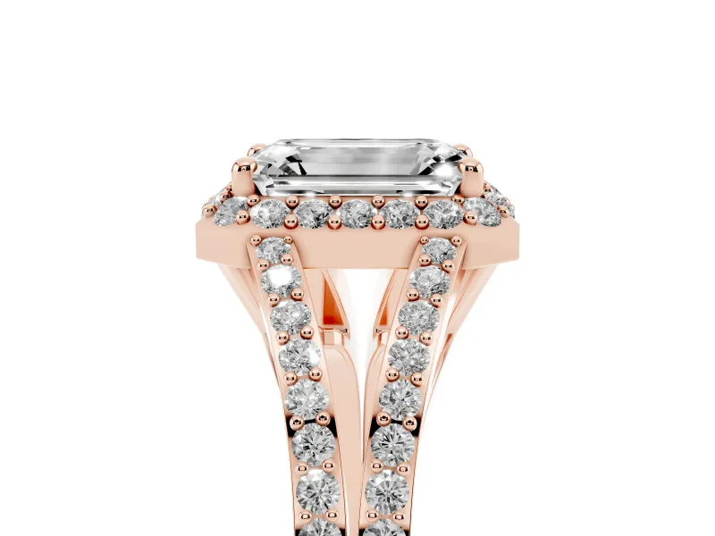 Emerald Cut Halo Engagement Ring Setting | V-Split Pavé Band | Rose Gold