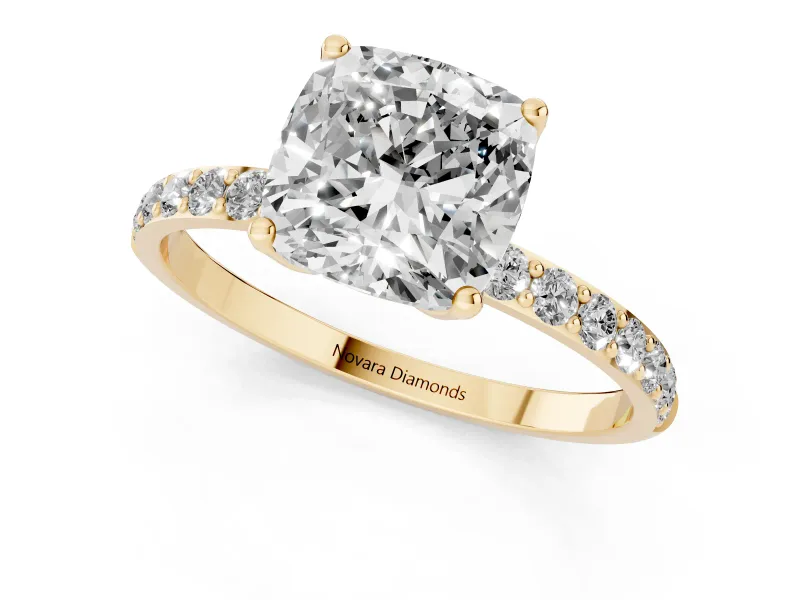 Cushion Cut Pave Solitaire Engagement Ring Setting | Fine Line Pave Band | Yellow Gold