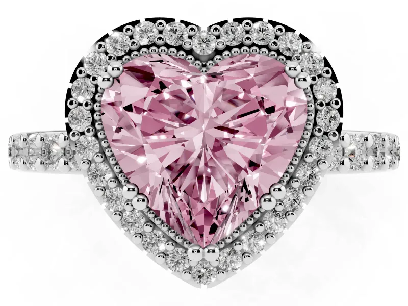 Fancy Pink Heart Cut Diamond Halo Engagement Ring Set in Silver with Milgrain Detail and Pavé Band