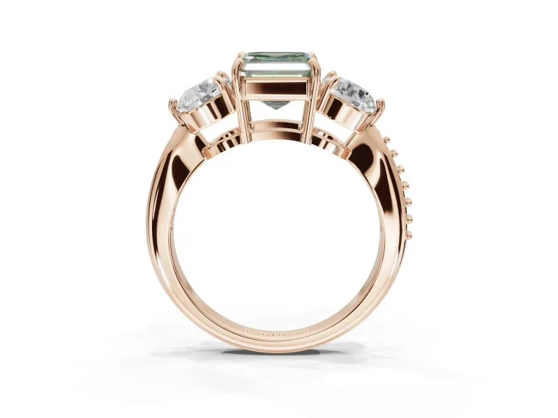 Asscher Cut Three Stone Engagement Ring Setting for a Fancy Green Lab-Grown Diamond | Tapered Pave Band | Rose Gold