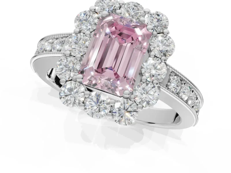 Emerald Cut Vintage Halo Engagement Ring Setting for a Fancy Pink Lab-Grown Diamond | Platinum