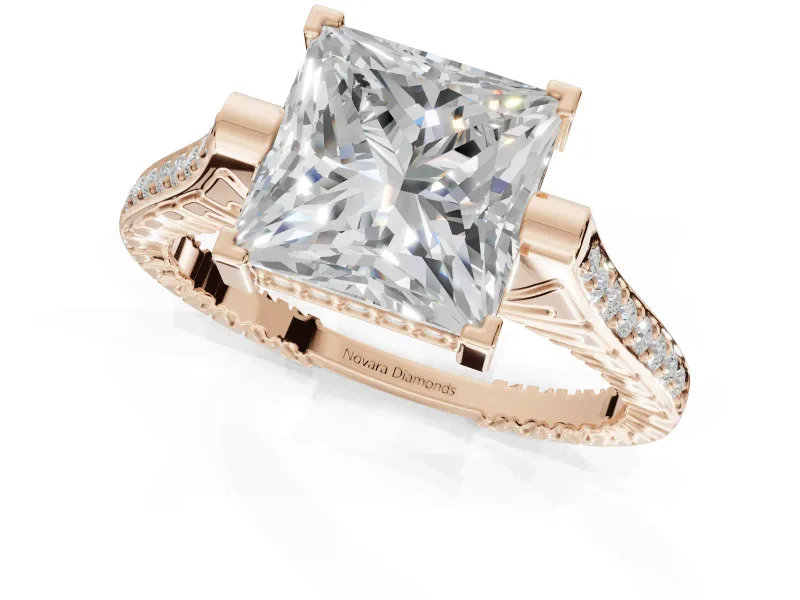 Princess Cut Vintage Cathedral Engagement Ring Setting | Carved Band | Rose Gold