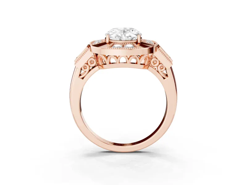 Oval Milgrain Sectioned Halo Engagement Ring Setting | Square-Framed Sides | Rose Gold