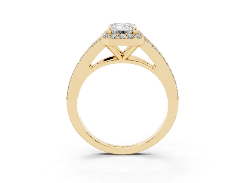 Emerald Cut Halo Engagement Ring Setting | V-Split Pavé Band | Yellow Gold