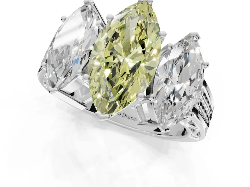 Marquise Three Stone Engagement Ring Setting for a Fancy Yellow Lab-Grown Diamond | Beaded Shoulders | Sterling Silver