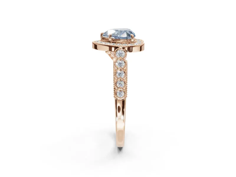 Heart-Shaped Graduated Milgrain Halo Engagement Ring Setting for a Fancy Blue Lab-Grown Diamond | Rose Gold