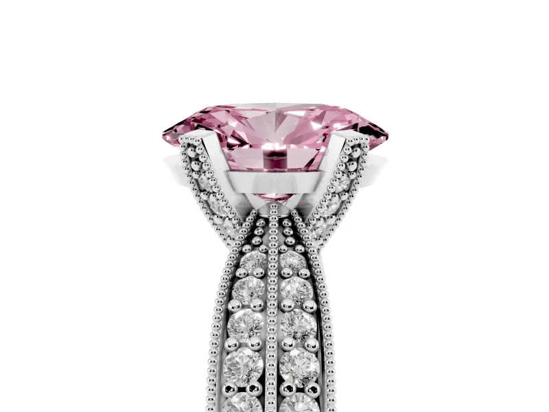 Fancy Pink Oval Cut Diamond Solitaire Ring Set in Platinum with Milgrain Double Row Round Pavé Band