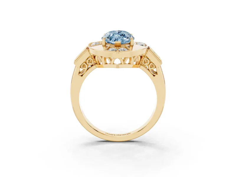 Marquise Milgrain Sectioned Halo Engagement Ring Setting for a Fancy Blue Lab-Grown Diamond | Yellow Gold