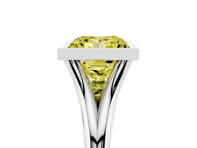Fancy Yellow Bezel Set Princess Cut Diamond Solitaire Ring Set in White gold with Tapered Band