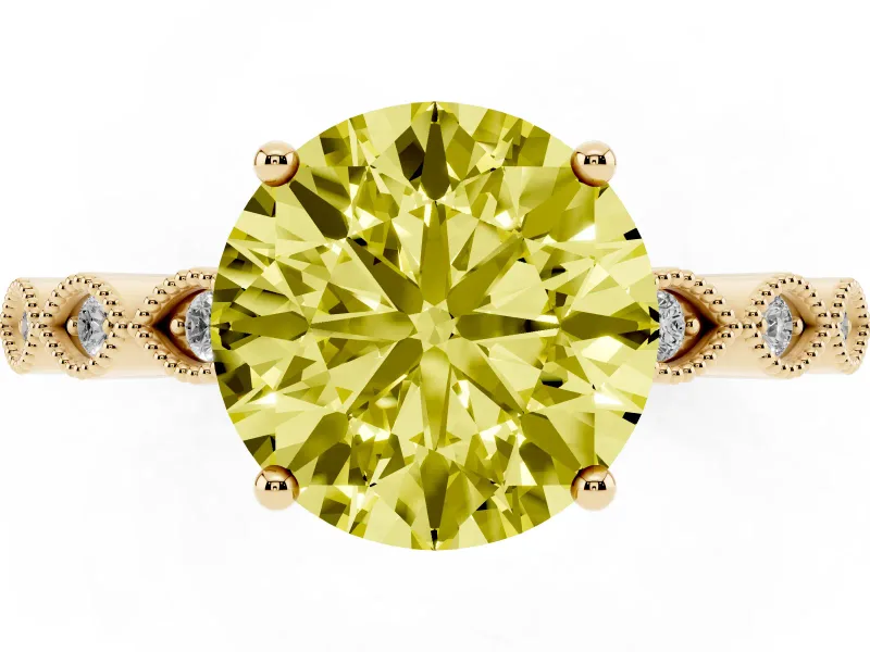 Fancy Yellow Round Cut Diamond Solitaire Ring Set in Yellow gold with Infinity Twist Pavé Band