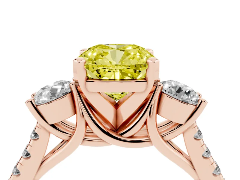 Cushion Cut Three-Stone Engagement Ring Setting for a Fancy Yellow Lab-Grown Diamond | Rose Gold