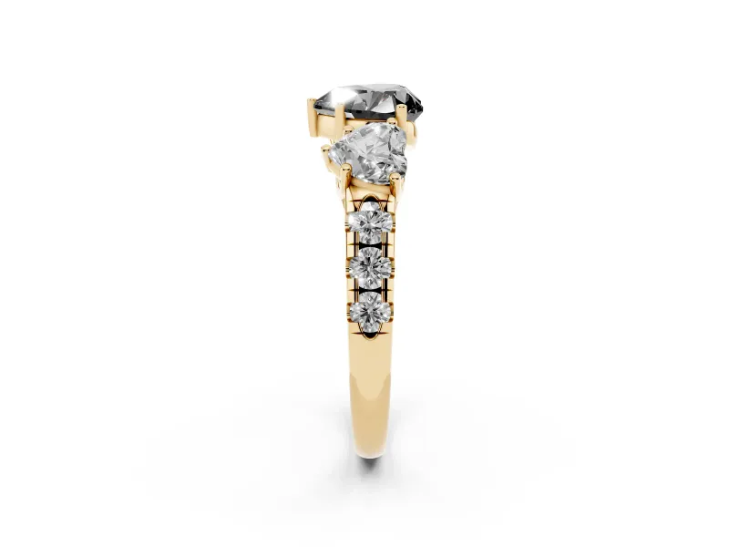 Fancy Black Heart Cut Diamond Three-Stone Ring Set in Yellow gold with Pavé Band