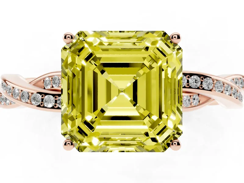 Fancy Yellow Asscher Cut Diamond Solitaire Twisted Pavé Ring Set in Rose gold with Prong Setting