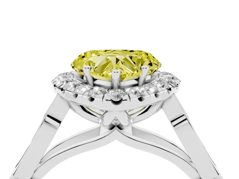 Fancy Yellow Heart Cut Diamond Halo Engagement Ring Set in White gold with Filigree Band and Prong-Set Center