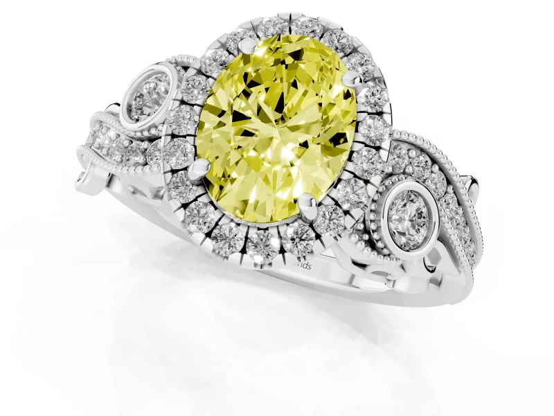 Fancy Yellow Oval Cut Diamond Halo Ring Set in Silver with Milgrain Pavé Band and Prong Setting