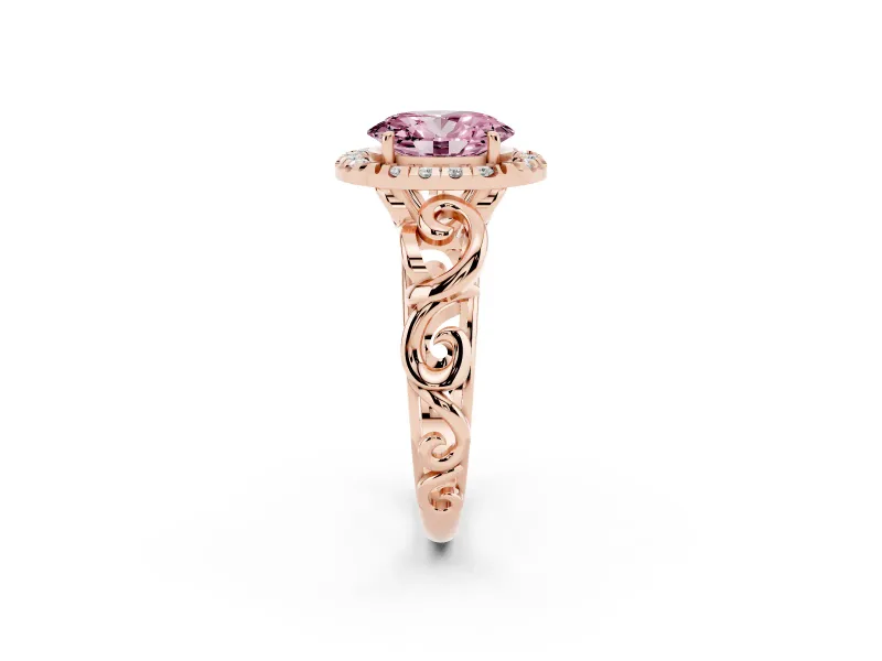 Fancy Pink Oval Cut Diamond Halo Ring Set in Rose gold with Scrollwork Band and Prong Setting