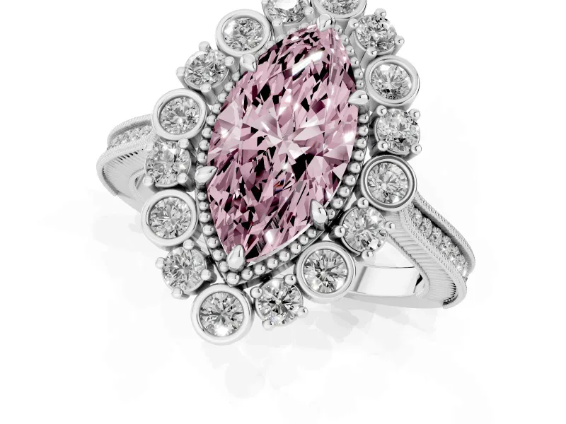 Fancy Pink Marquise Cut Diamond Halo Milgrain Pavé Ring Set in White gold with Prong Setting