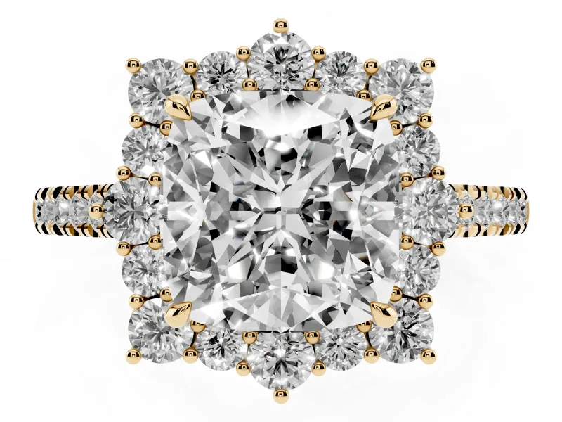 Cushion Cut Scalloped Halo Engagement Ring Setting | Single Row Pave | Yellow Gold
