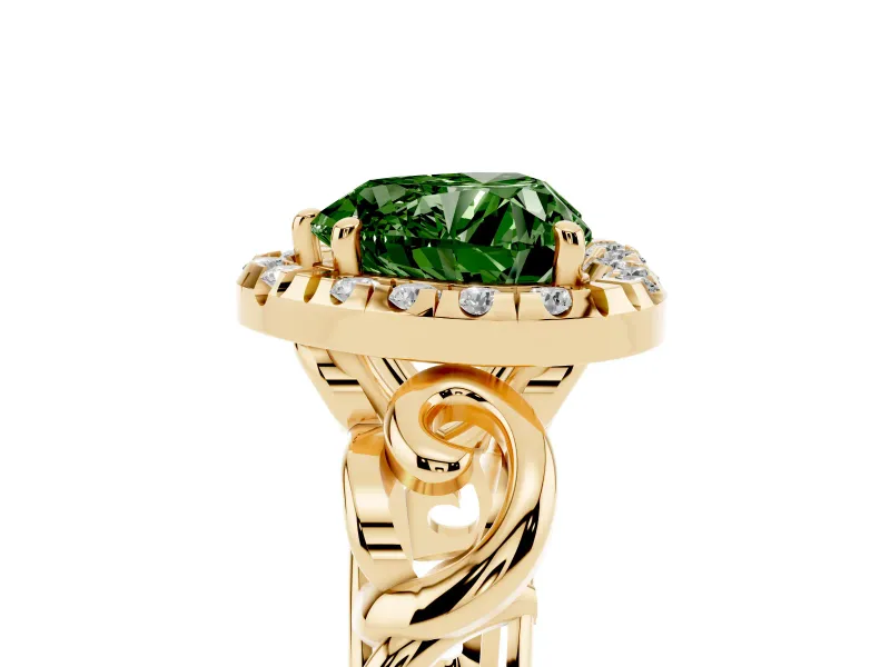 Fancy Green Heart Cut Diamond Halo Ring Set in Yellow gold with Scrollwork Band and Prong Setting