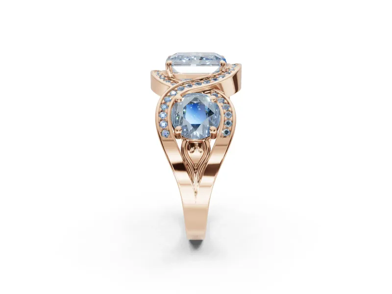 Radiant Cut Three Stone Halo Engagement Ring Setting for a Fancy Blue Lab-Grown Diamond | Pavé Wave Band | Rose Gold