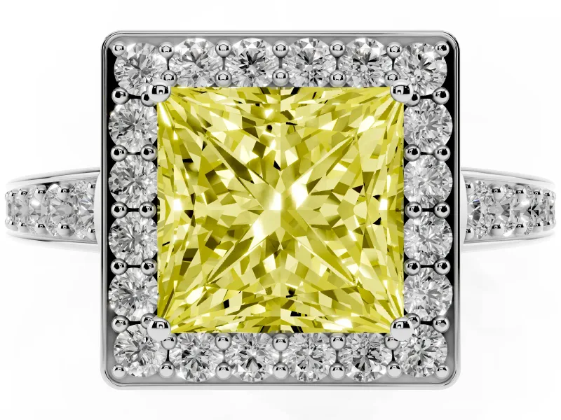 Fancy Yellow Princess Cut Diamond Halo Pavé Engagement Ring Set in White gold with Bezel Setting