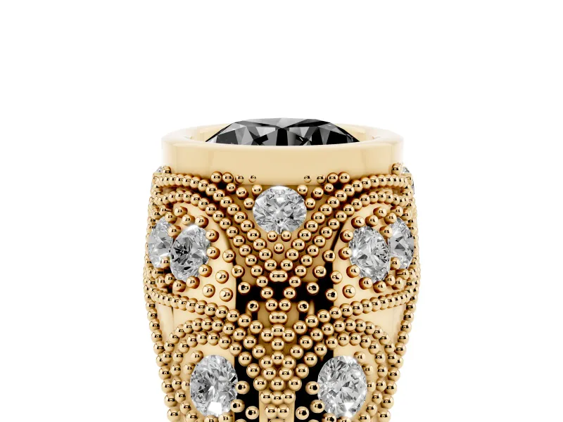 Fancy Black Round Cut Diamond Bezel Ring Set in Yellow gold with Milgrain Accent Band