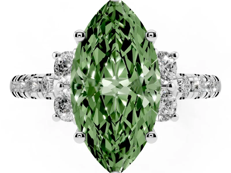 Marquise Side Stone Engagement Ring Setting for a Fancy Green Lab-Grown Diamond | Pave Band | Sterling Silver