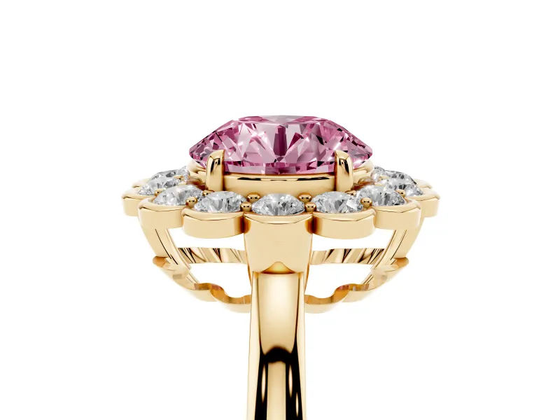 Round Scalloped Cluster Halo Engagement Ring Setting for a Fancy Pink Lab-Grown Diamond | Plain Band | Yellow Gold