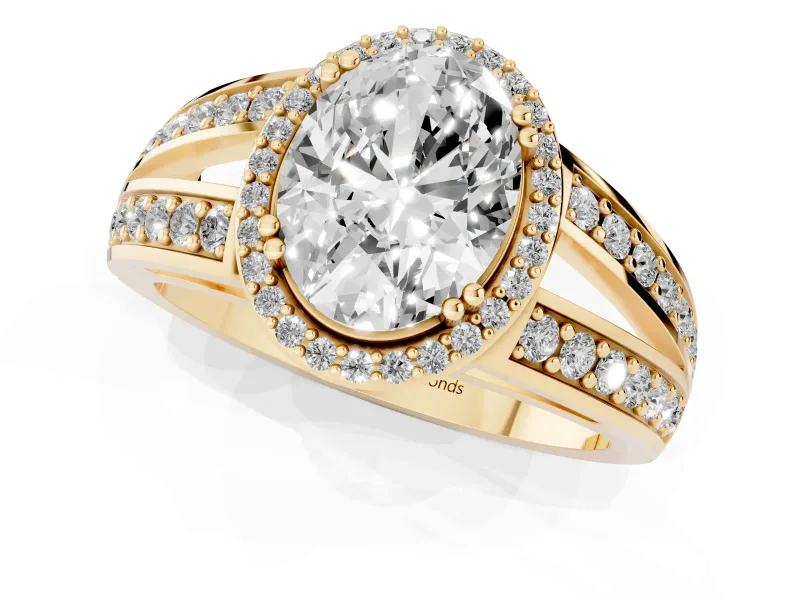 Oval Cut Diamond Halo Ring Set in Yellow gold with Double Pavé Split Shank