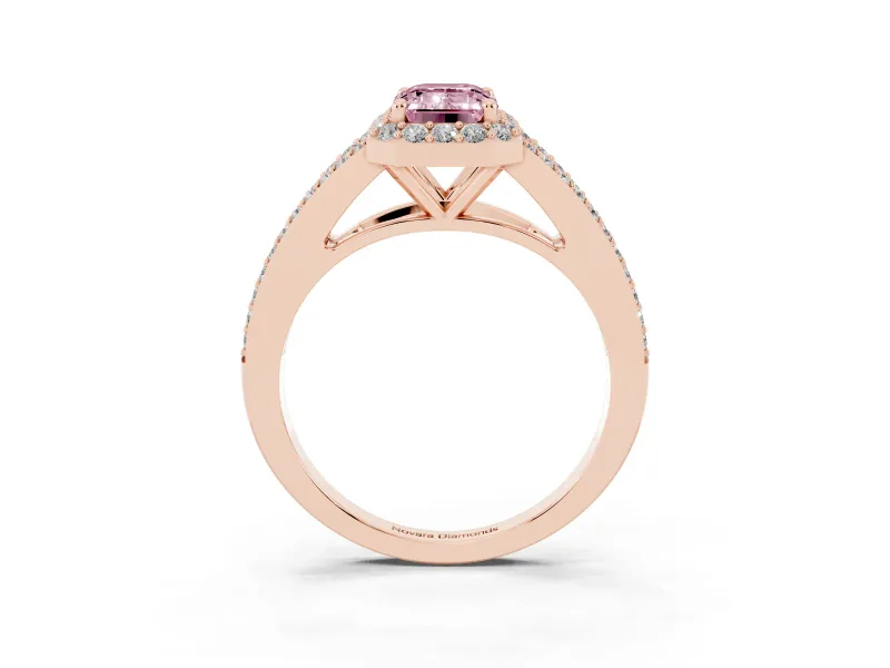 Emerald Cut Split Shank Halo Engagement Ring Setting for a Fancy Pink Lab-Grown Diamond | Rose Gold
