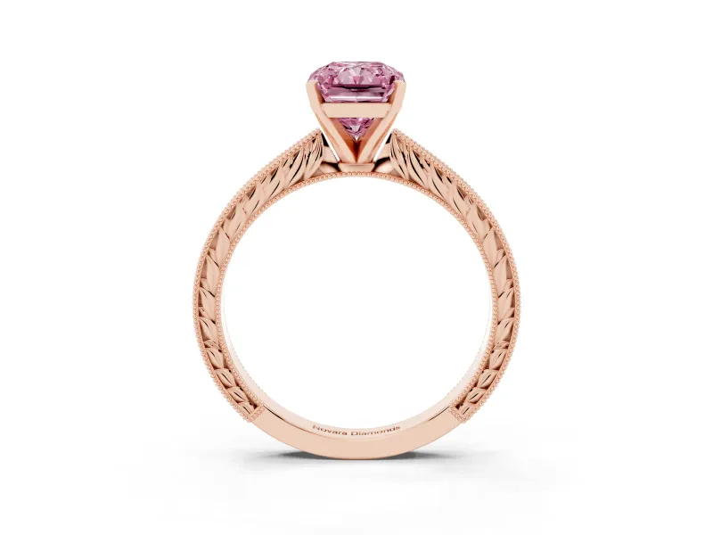 Fancy Pink Radiant Cut Diamond Solitaire Milgrain Engraved Band Set in Rose gold with Prong Setting