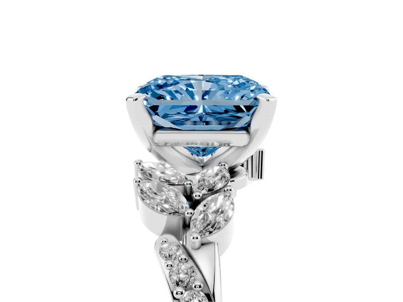 Fancy Blue Radiant Cut Diamond Solitaire Ring Set in White gold with Marquise Twist Band and Prong Setting