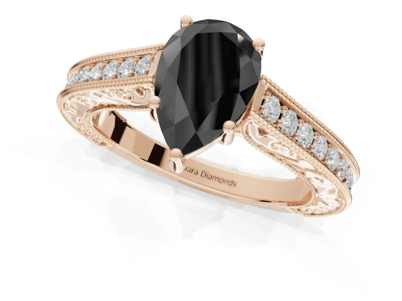 Pear-Shaped Vintage Pavé Engagement Ring Setting for a Black Center | Rose Gold