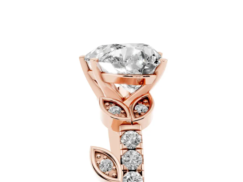 Heart-Shaped Leaf Pavé Engagement Ring Setting | Leaf Motif Shoulders | Rose Gold