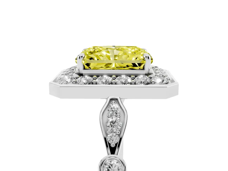 Radiant Cut Halo Engagement Ring Setting for a Fancy Yellow Lab-Grown Diamond | Bezel Station Shoulders | Platinum