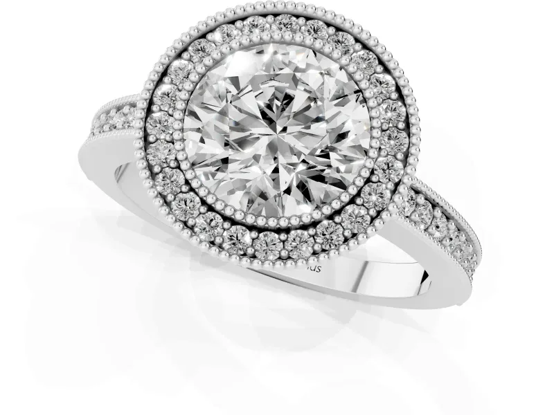 Round Cut Diamond Halo Engagement Ring Set in Platinum with Pavé Band and Round Halo Stones
