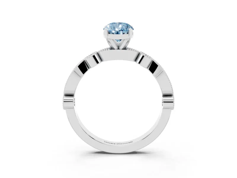 Fancy Blue Pear Cut Diamond Solitaire Engagement Ring Set in White gold with Milgrain Bezel Accent Band