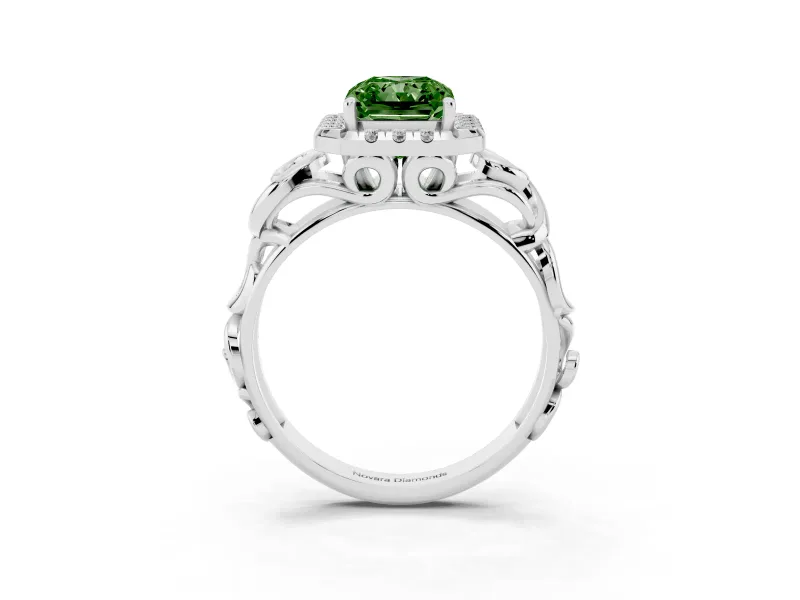 Fancy Green Radiant Cut Diamond Halo Ring Set in Platinum with Scrollwork Band and Prong Setting