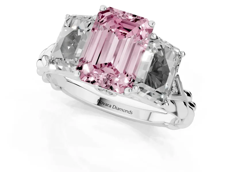 Fancy Pink Emerald Cut Diamond Three-Stone Ring Set in Silver with Braided Band
