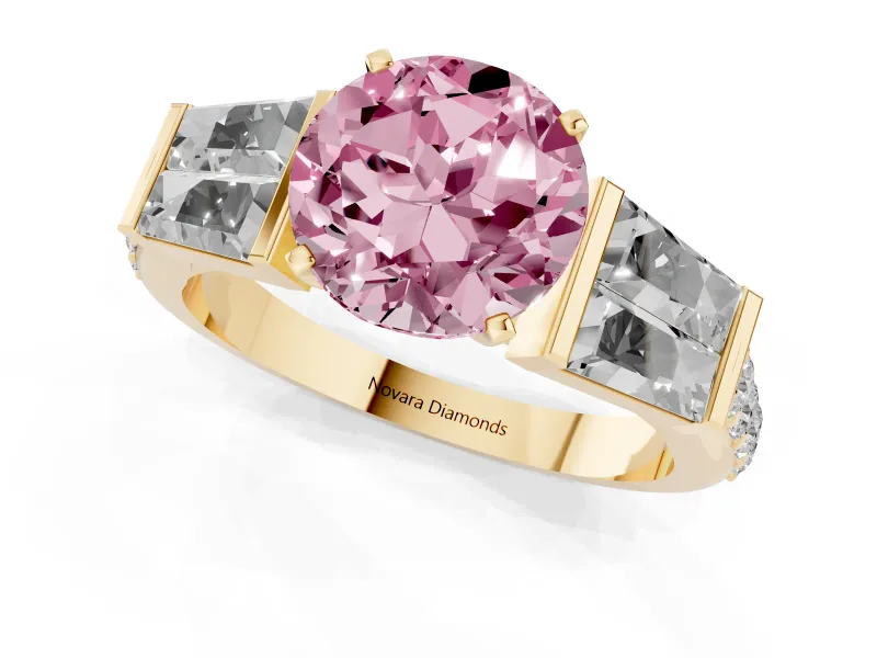 Round Channel Set Baguette Engagement Ring Setting for a Fancy Pink Lab-Grown Diamond | Yellow Gold