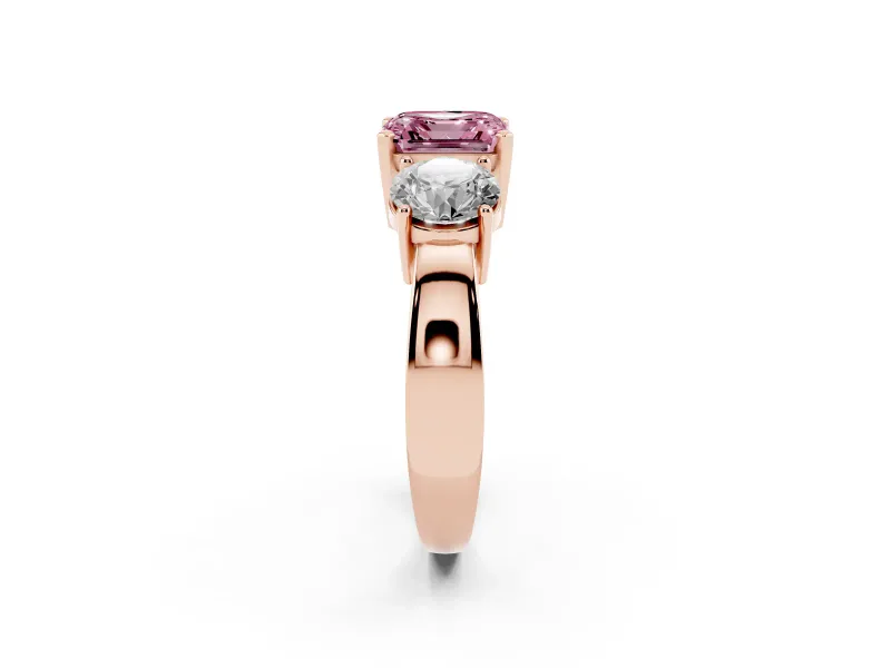 Asscher Cut Three Stone Engagement Ring Setting for a Fancy Pink Lab-Grown Diamond | Wide Plain Band | Rose Gold