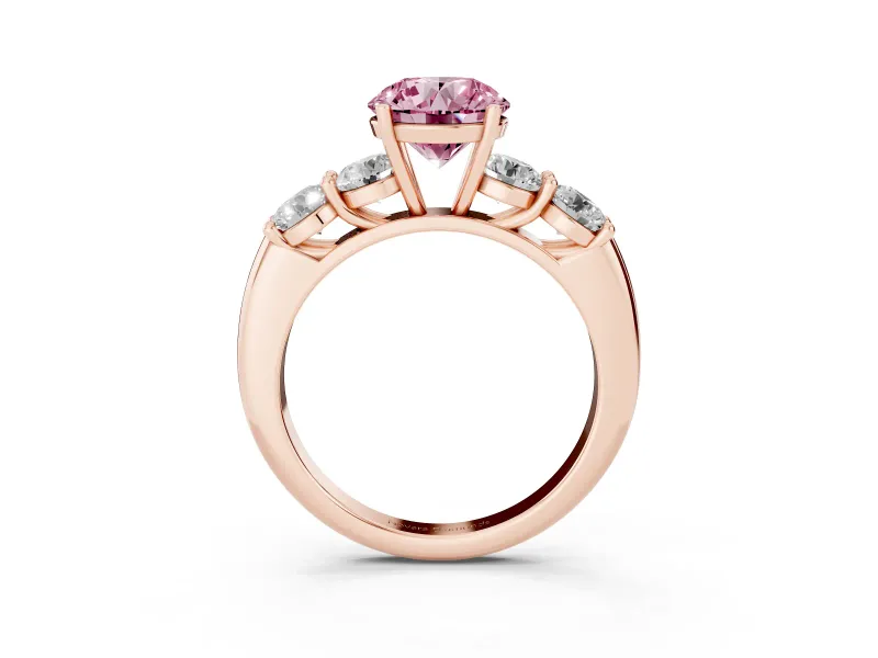 Fancy Pink Round Cut Diamond Five-Stone Prong Set Ring Set in Rose gold with Classic Band