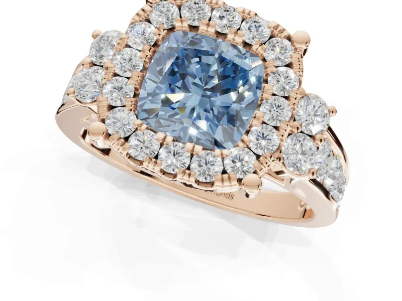 Cushion Cut Halo Engagement Ring Setting for a Fancy Blue Lab-Grown Diamond | Graduated Channel Band | Rose Gold