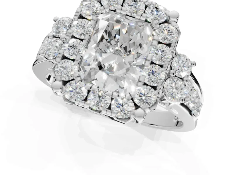 Radiant Cut Halo Side Cluster Engagement Ring Setting | Graduated Channel Band | Sterling Silver