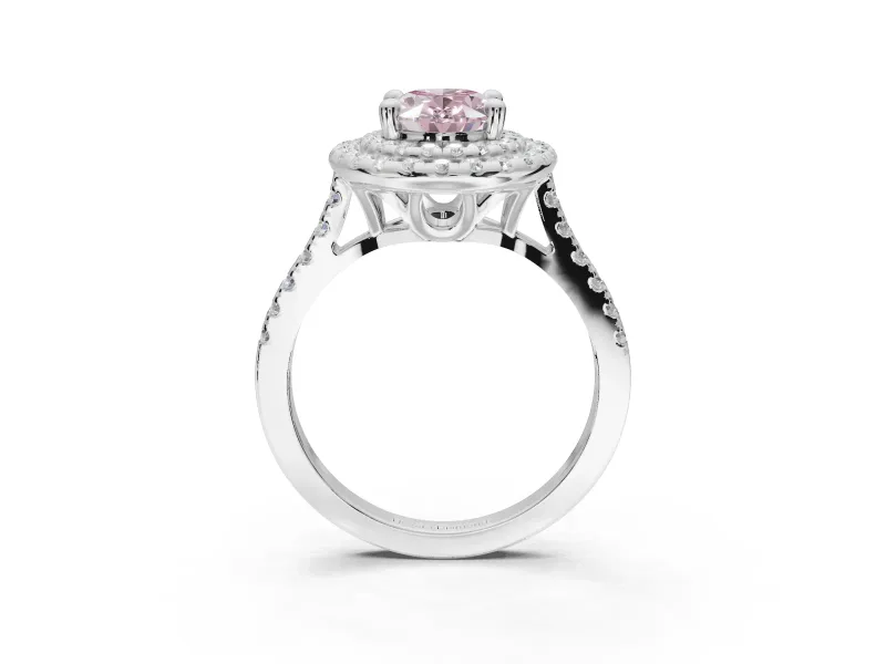 Fancy Pink Oval Lab-Grown Diamond Double Halo Statement Ring Set in Platinum with Pavé Band