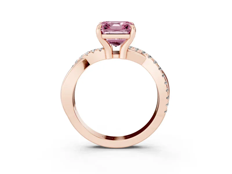 Fancy Pink Asscher Cut Diamond Twist Band Solitaire Set in Rose gold with Pavé Accents and Prong Setting