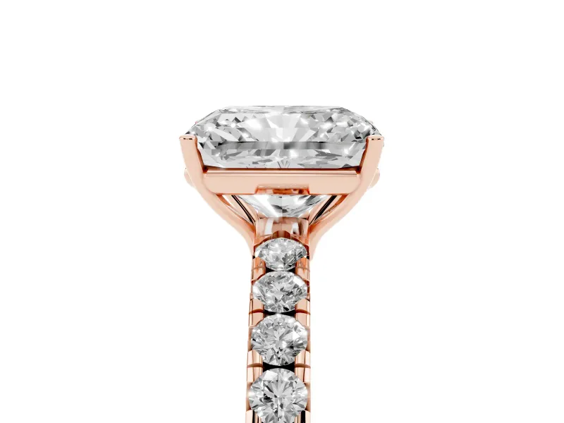 Radiant Cut Pave Engagement Ring Setting | Shared Prong Band | Rose Gold