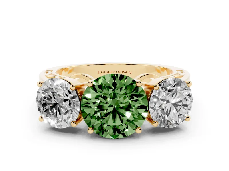 Fancy Green Round Cut Diamond Three-Stone Ring Set in Yellow gold with Textured Band