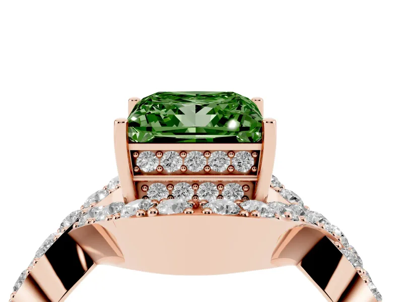 Fancy Green Princess Cut Diamond Solitaire Twist Band Pavé Engagement Ring Set in Rose gold