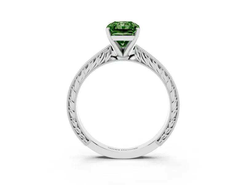 Fancy Green Radiant Cut Diamond Solitaire Milgrain Engraved Band Set in Silver with Prong Setting